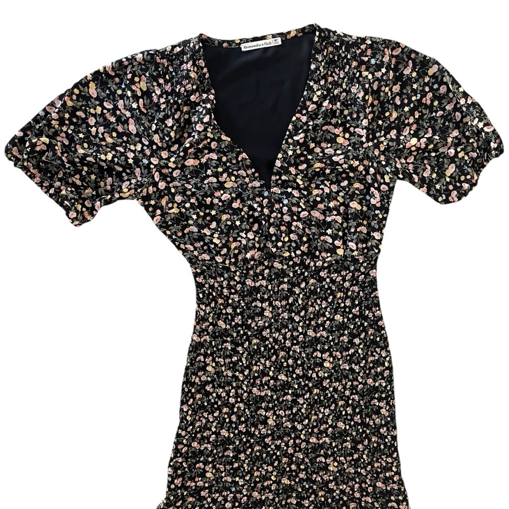 Abercrombie Fitch Black Floral Puff Sleeve Smocked Ruffle Hem Dress MT Tall - Picture 3 of 15